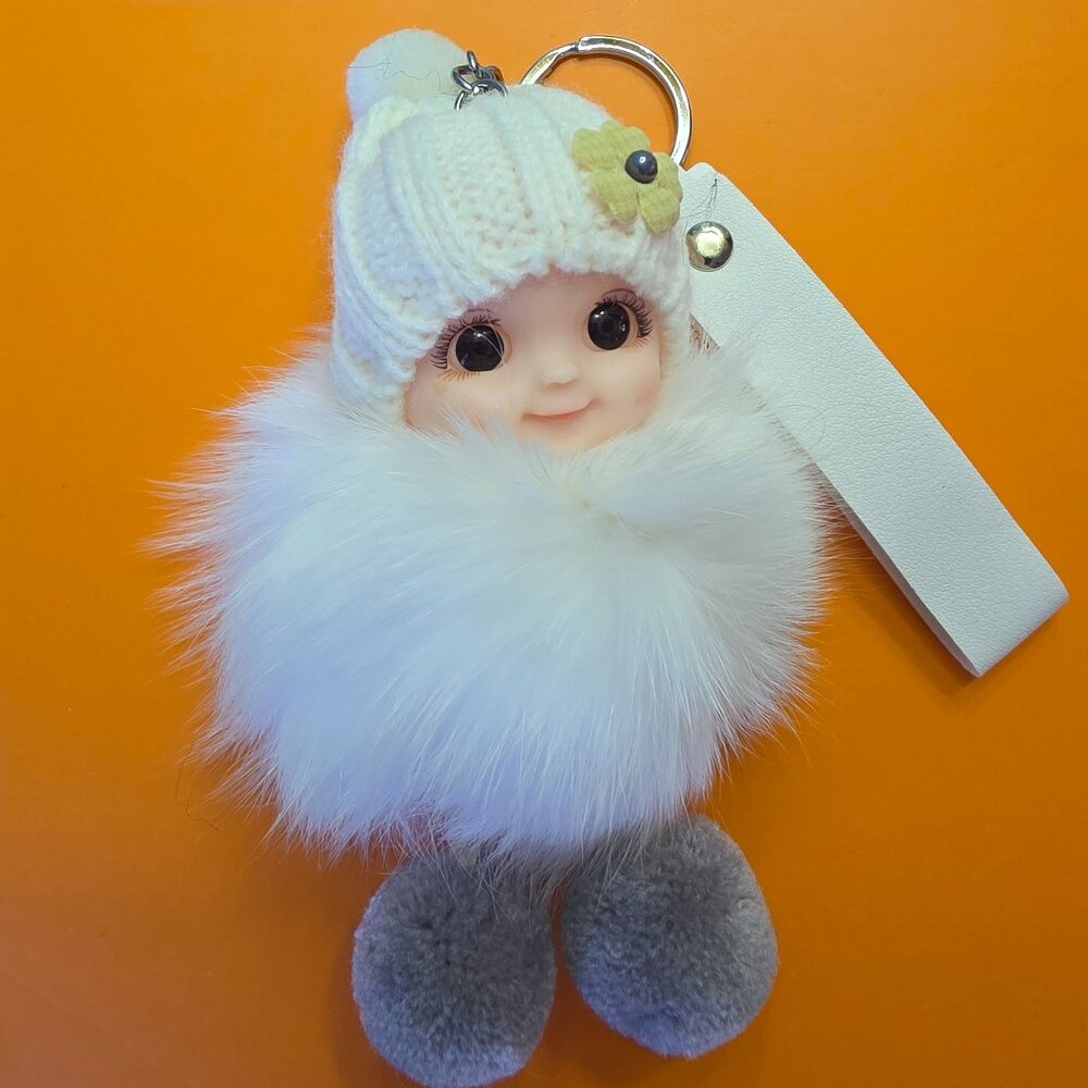 Cute Smiling Fur Baby Keychain with LOVE tag, Plush rabbit fur, Bag Charm